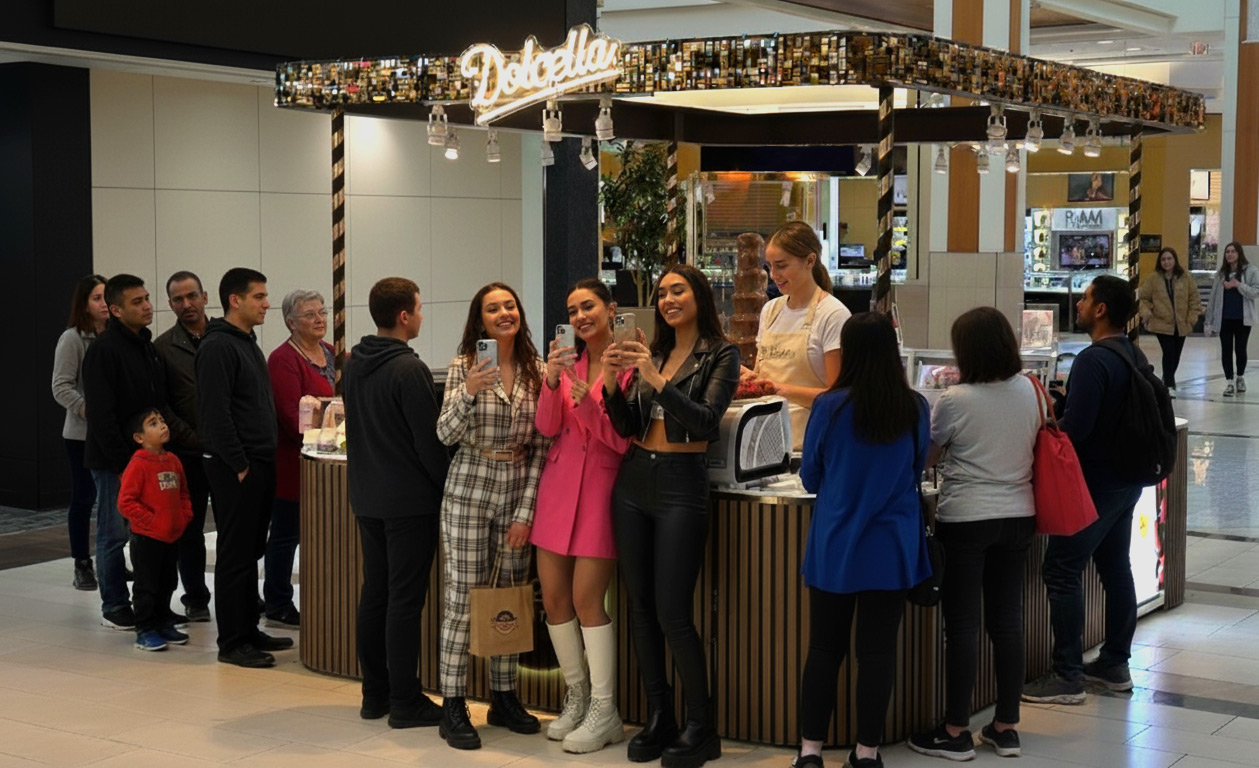 Customers gathered around a Dolcella kiosk