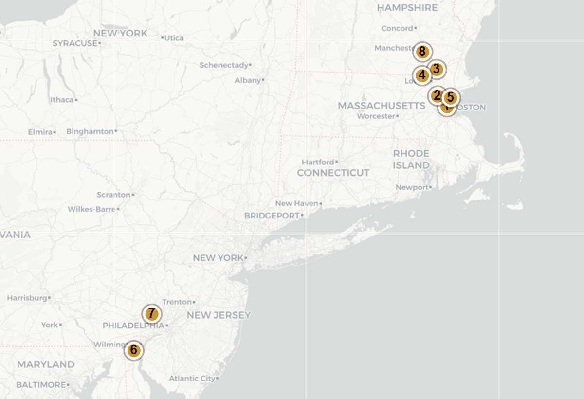 Map with Dolcella locations marked across Massachusetts, New Hampshire, Pennsylvania, and Delaware